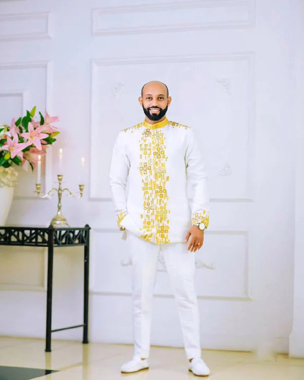 Gorgeous Yellow Habesha Couples Outfit for Traditional Weddings.