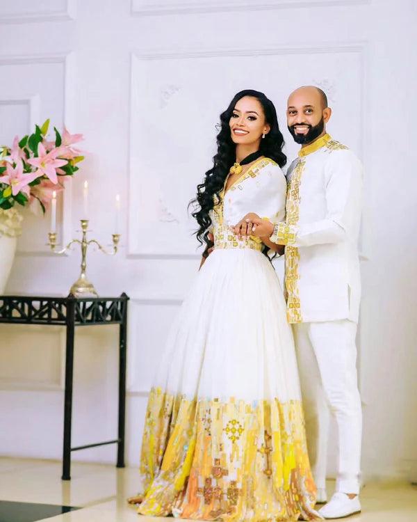 Gorgeous Yellow Habesha Couples Outfit for Traditional Weddings.