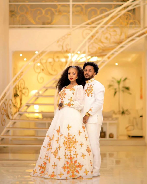 Beautiful Light-Color Design Habesha Couples Outfit for Traditional Weddings.