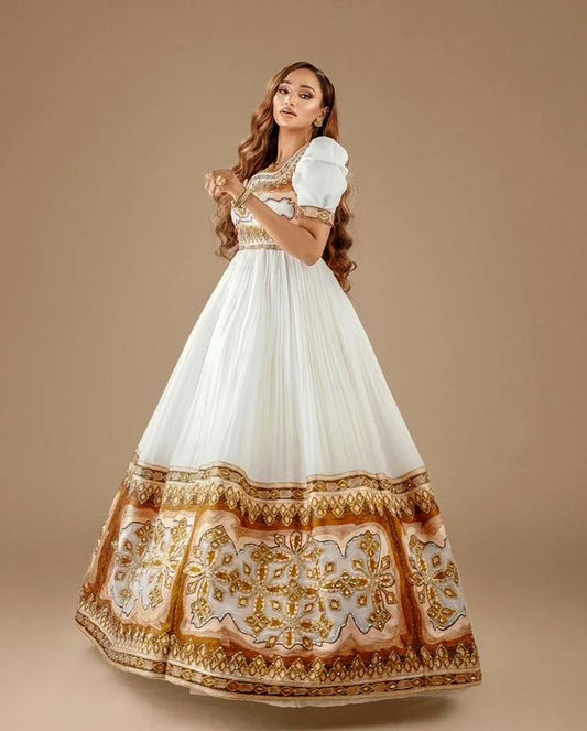 Elegant Habesha wedding dress exudes sophistication and charm with its captivating blend of brown and sparkly hues