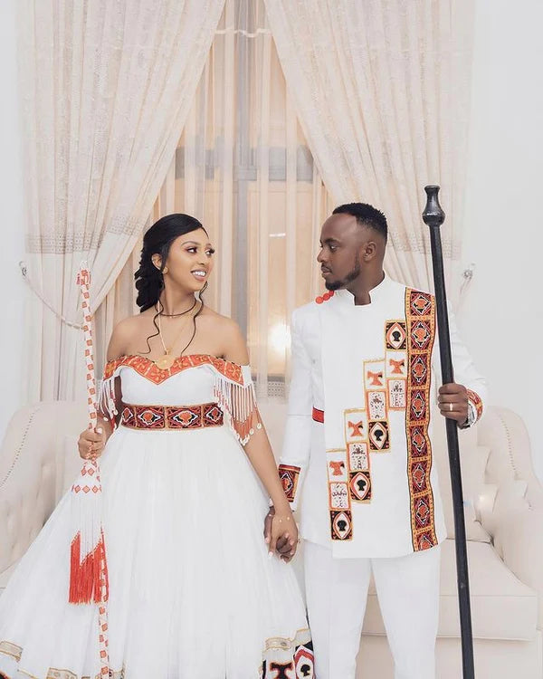 Red & Black Habesha Modern Wedding Attire Stylish Habesha Couple's Outfit