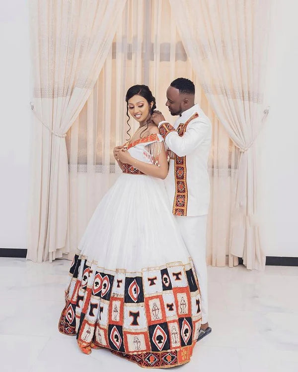 Red & Black Habesha Modern Wedding Attire Stylish Habesha Couple's Outfit