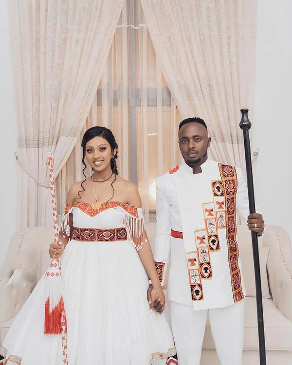 Red & Black Habesha Modern Wedding Attire Stylish Habesha Couple's Outfit