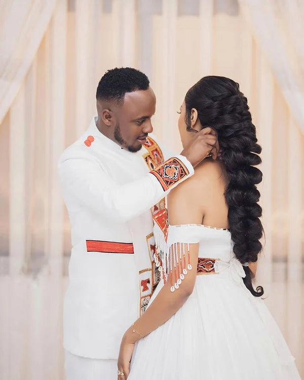 Red & Black Habesha Modern Wedding Attire Stylish Habesha Couple's Outfit