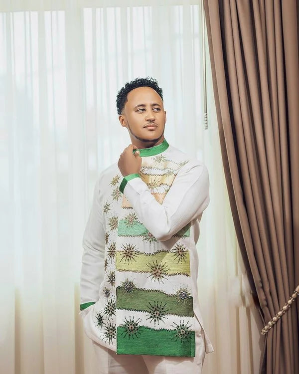 Chic Green Pattern Habesha Men's Attire Contemporary Habesha Shirt for Weddings.