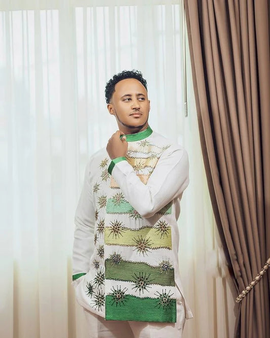 Chic Green Pattern Habesha Men's Attire Contemporary Habesha Shirt for Weddings.