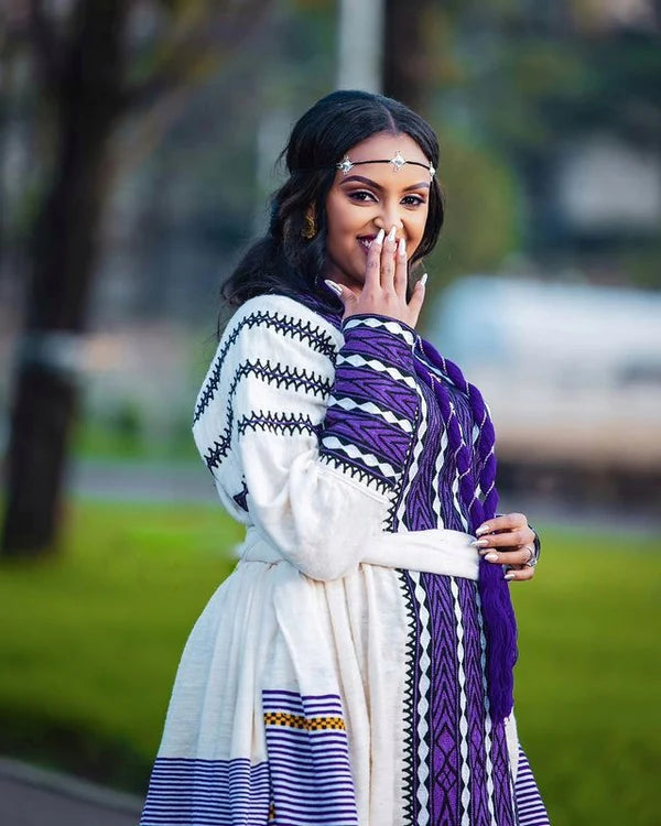 Elegant Purple Cultural Habesha Couples Outfit Habesha Couple's Outfit Purple Cultural Habesha Dress