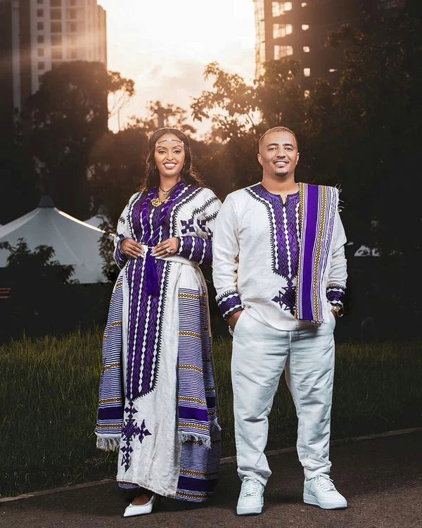 Elegant Purple Cultural Habesha Couples Outfit Habesha Couple's Outfit Purple Cultural Habesha Dress