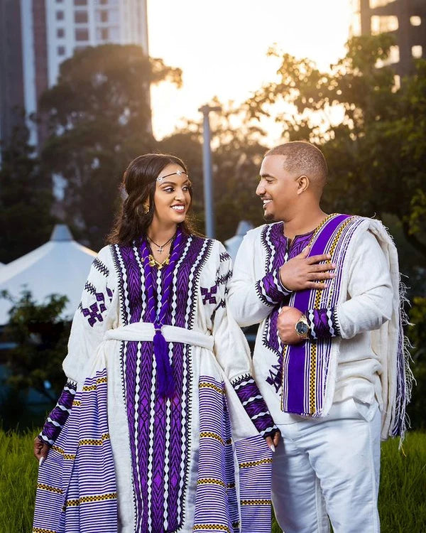 Elegant Purple Cultural Habesha Couples Outfit Habesha Couple's Outfit Purple Cultural Habesha Dress