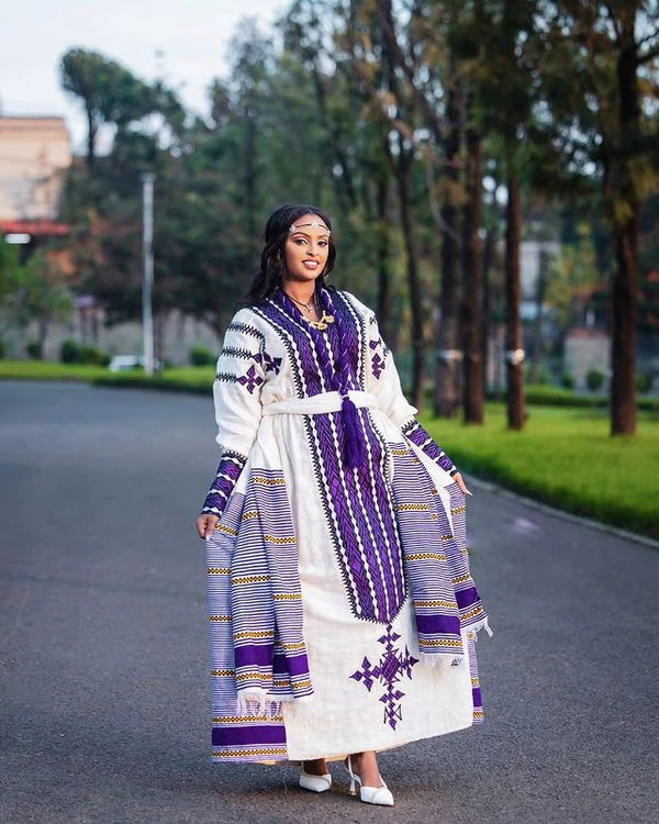 Elegant Purple Cultural Habesha Couples Outfit Habesha Couple's Outfit Purple Cultural Habesha Dress