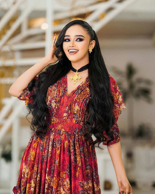 captivating red Habesha chiffon dress for special occasions