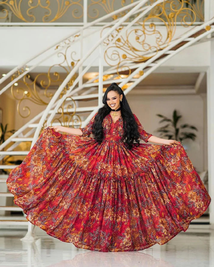captivating red Habesha chiffon dress for special occasions