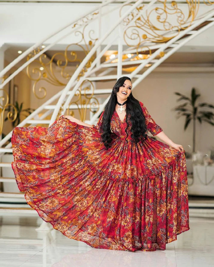 captivating red Habesha chiffon dress for special occasions