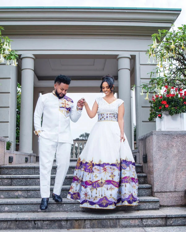 Purple Habesha Couples Outfit: Stunning Design with Elegant Flair