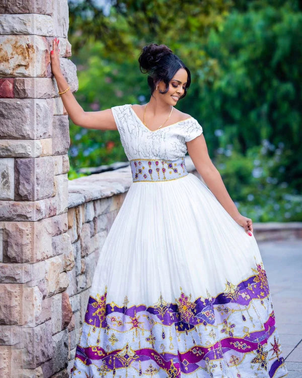 Purple Habesha Couples Outfit: Stunning Design with Elegant Flair