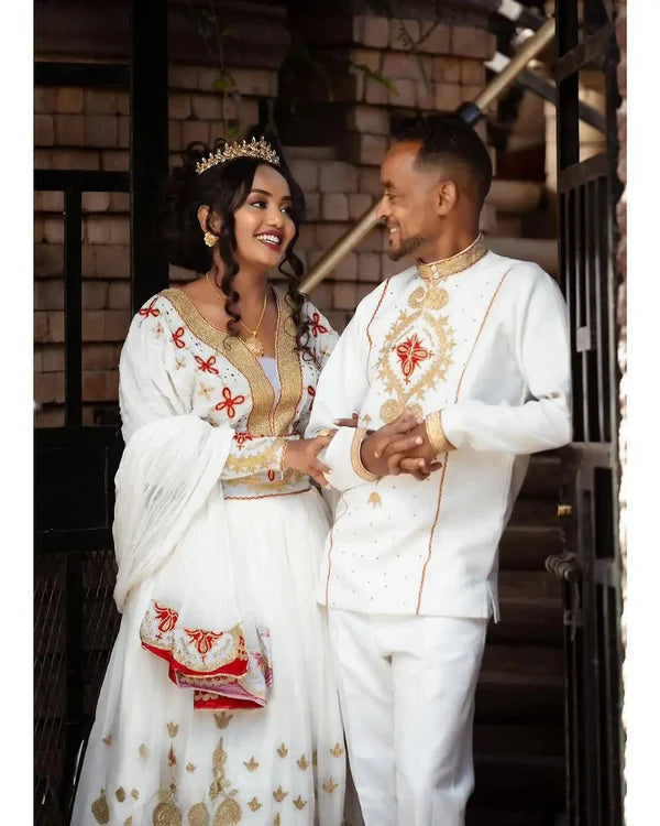 A Perfect Pair in Red Habesha Couples Outfit: Meticulously Designed Habesha Couples Attire