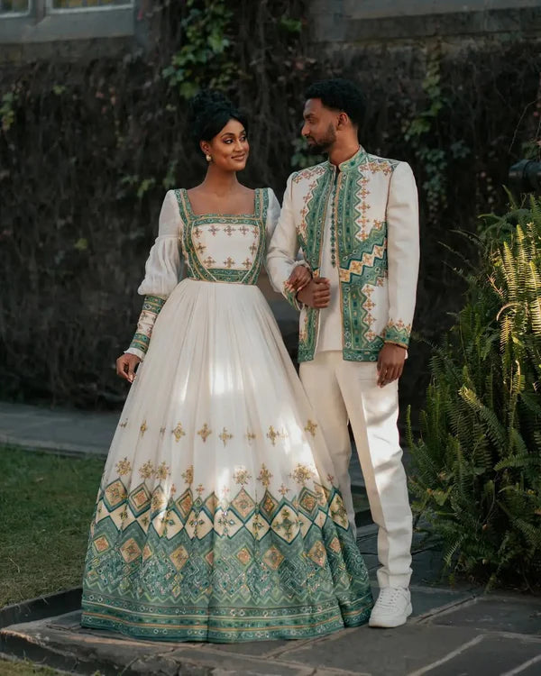 Celebrating Abiding Love in Green Habesha Couples Outfit Contemporary Designed Attire for Partners