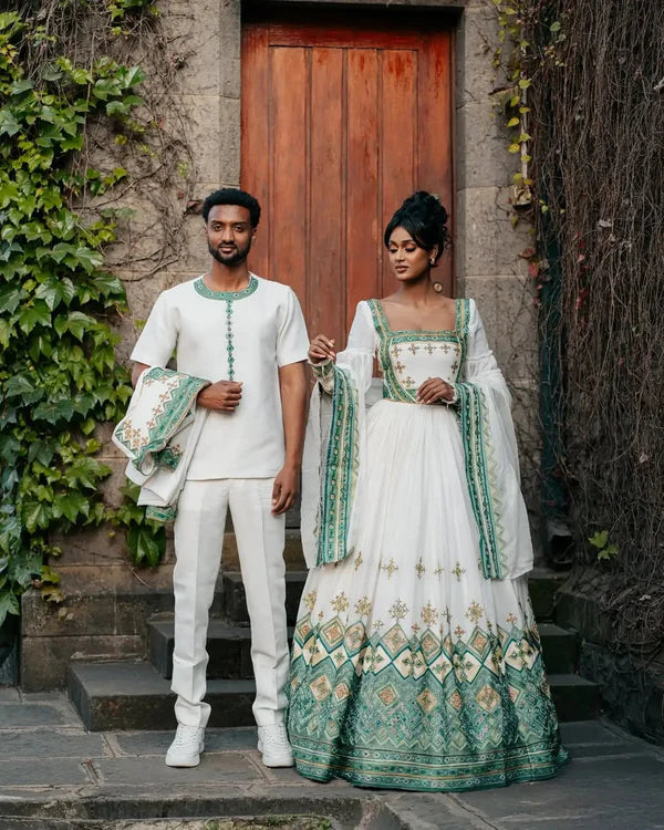 Celebrating Abiding Love in Green Habesha Couples Outfit Contemporary Designed Attire for Partners