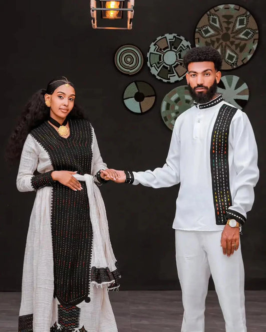 Paradise Unity in Darker Habesha Couples Outfit: Cultural Matching Habesha Wedding Attire