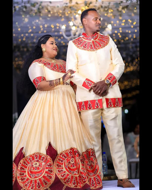 Radiant Red Habesha Couples Ensemble: Handcrafted Sophistication with Coordinated Wedding Wear
