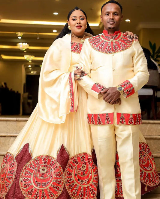 Radiant Red Habesha Couples Ensemble: Handcrafted Sophistication with Coordinated Wedding Wear