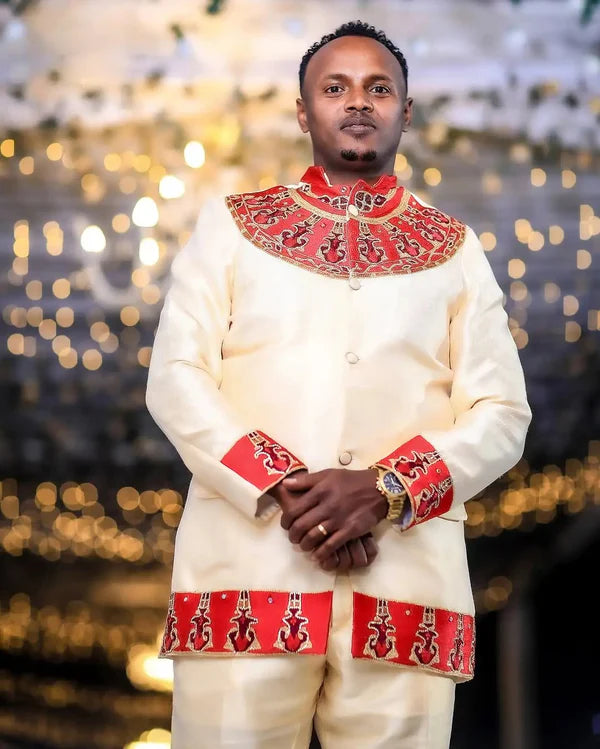 Radiant Red Habesha Couples Ensemble: Handcrafted Sophistication with Coordinated Wedding Wear