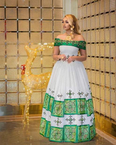 Gorgeous Cultural Design on Green Habesha Couples Attire: Beautiful