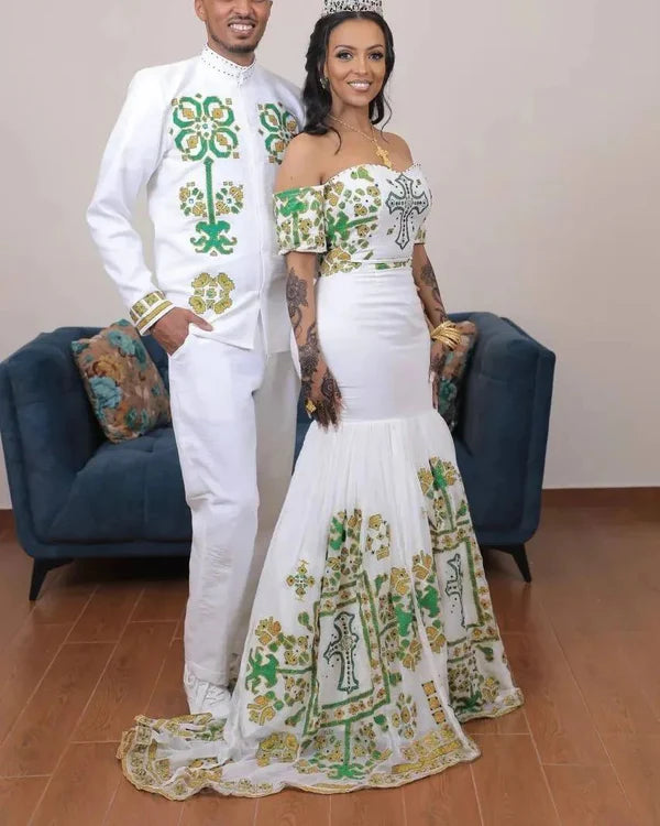Majestic Green Patterned Traditional Habesha Couples Outfit: Stunning Habesha Attire.