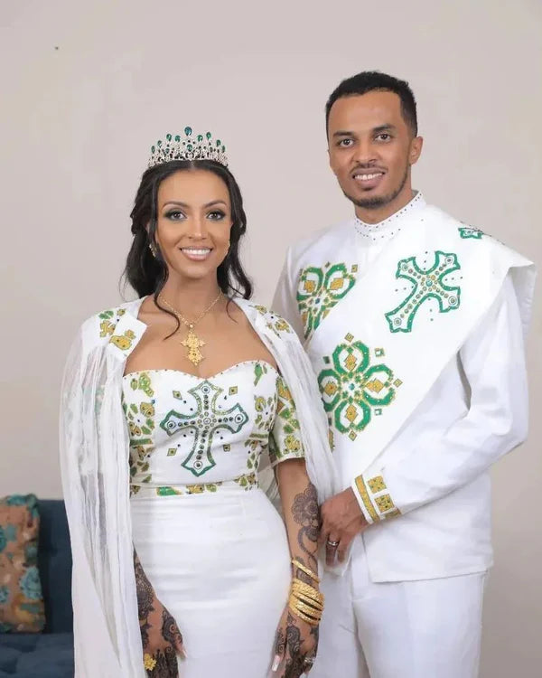 Majestic Green Patterned Traditional Habesha Couples Outfit: Stunning Habesha Attire.