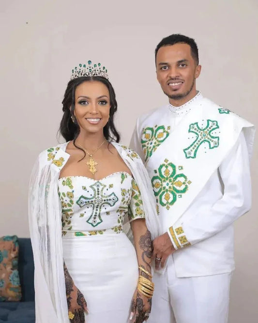 Majestic Green Patterned Traditional Habesha Couples Outfit: Stunning Habesha Attire