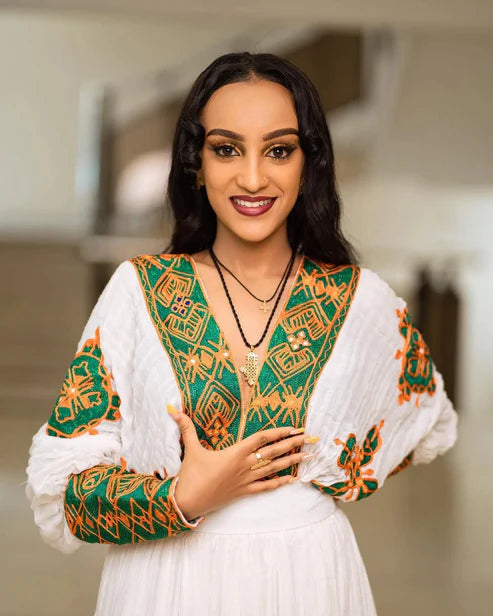 Appealing Green Golden Traditional Ethiopian Dress