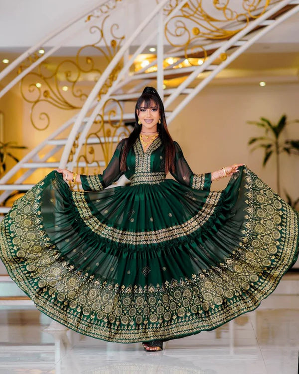 Contemporary Emerald Habesha Chiffon Dress: with Golden Accents, Habesha-Made.