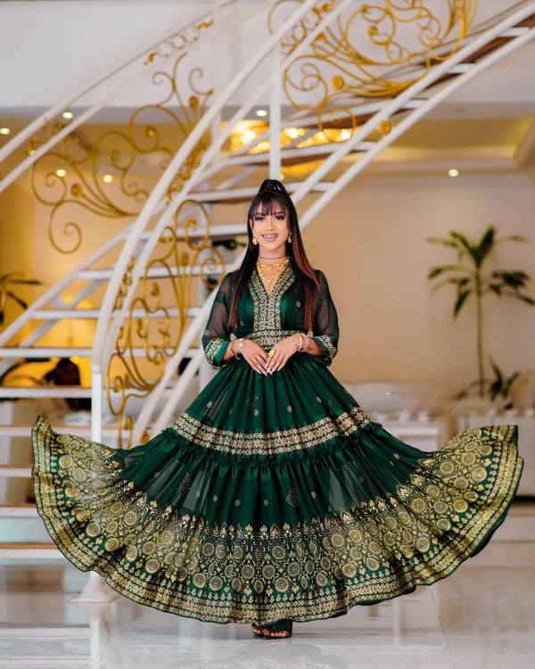 Contemporary Emerald Habesha Chiffon Dress: with Golden Accents, Habesha-Made.