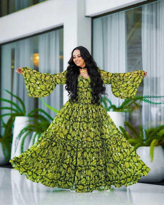 A captivating green Habesha chiffon dress