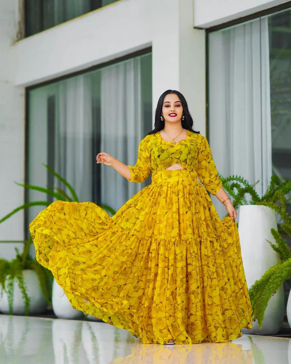 Contemporary Yellow Habesha Chiffon Dress: Bold Look with Cutout Design.