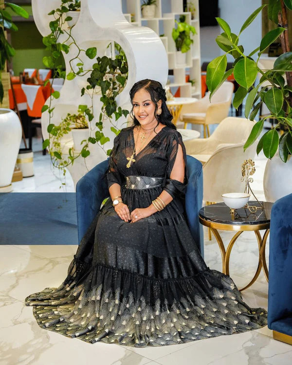 Black Elegance in Habesha Chiffon: with Eye-Catching Modern Design.