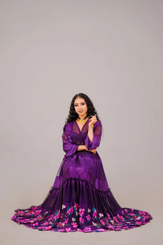 Purple Modern Habesha Chiffon Dress with Exquisite Colorful Floral Design