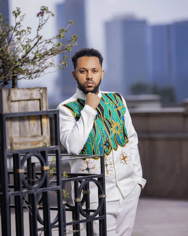 Glamorous Green Traditional Habesha Couples Attire: Handmade Black Accents Matching Outfit