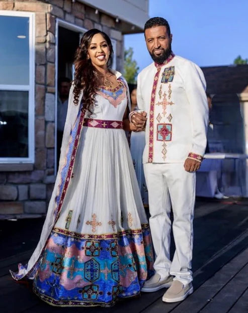 Enchanting Multicolored Habesha Wedding Attire: Intricately Handcrafted Matching Couples Outfit