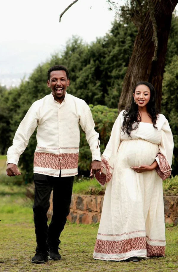 Timeless Elegance in Cream and Red Matching Habesha Attire: Modern Traditional Habesha Outfit for Couples