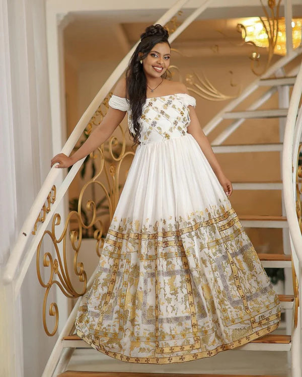 Shimmering Golden Habesha Traditional Couples Outfit: Elegant Look with Your Beloved in Matching Habesha Attire