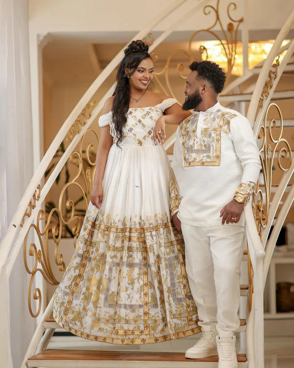 Shimmering Golden Habesha Traditional Couples Outfit: Elegant Look with Your Beloved in Matching Habesha Attire