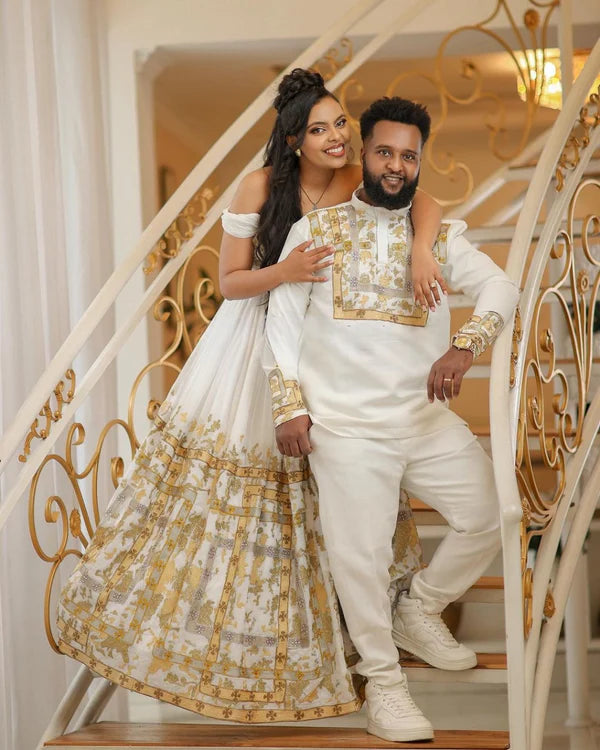Shimmering Golden Habesha Traditional Couples Outfit: Elegant Look with Your Beloved in Matching Habesha Attire