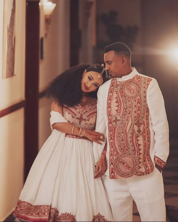 Blazing Hot Red Matching Habesha Outfit: Glamorous Handmade Traditional Habesha Couples Attire