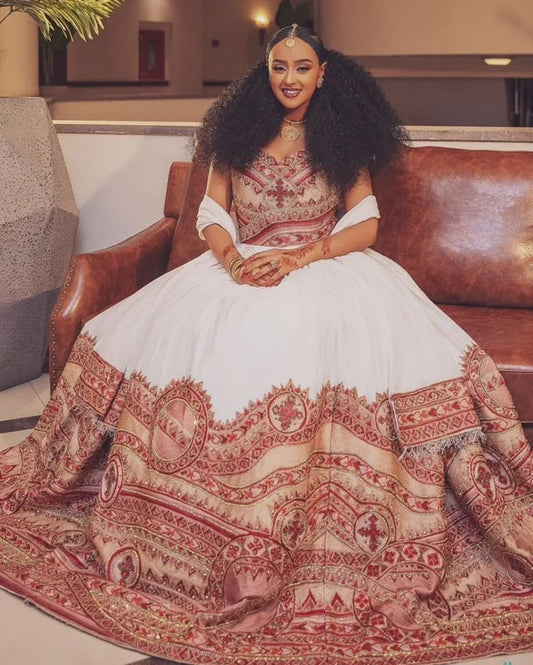 Blazing Hot Red Matching Habesha Outfit: Glamorous Handmade Traditional Habesha Couples Attire
