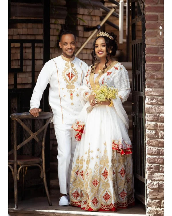 A Perfect Pair in Red Habesha Couples Outfit: Meticulously Designed Habesha Couples Attire
