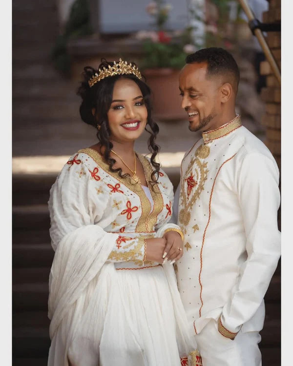 A Perfect Pair in Red Habesha Couples Outfit: Meticulously Designed Habesha Couples Attire