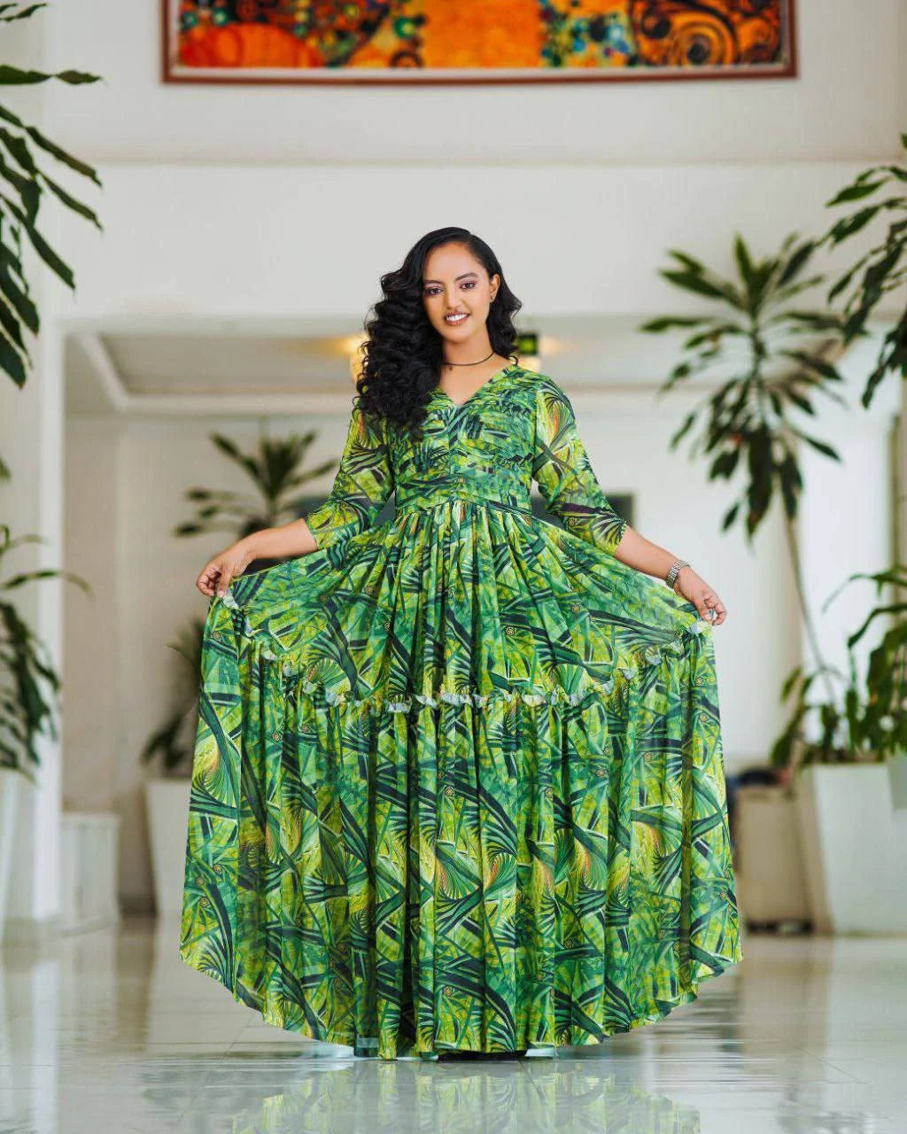Green Floral Habesha Dress: Vibrant Habesha Chiffon Dress for Cultural Celebrations.