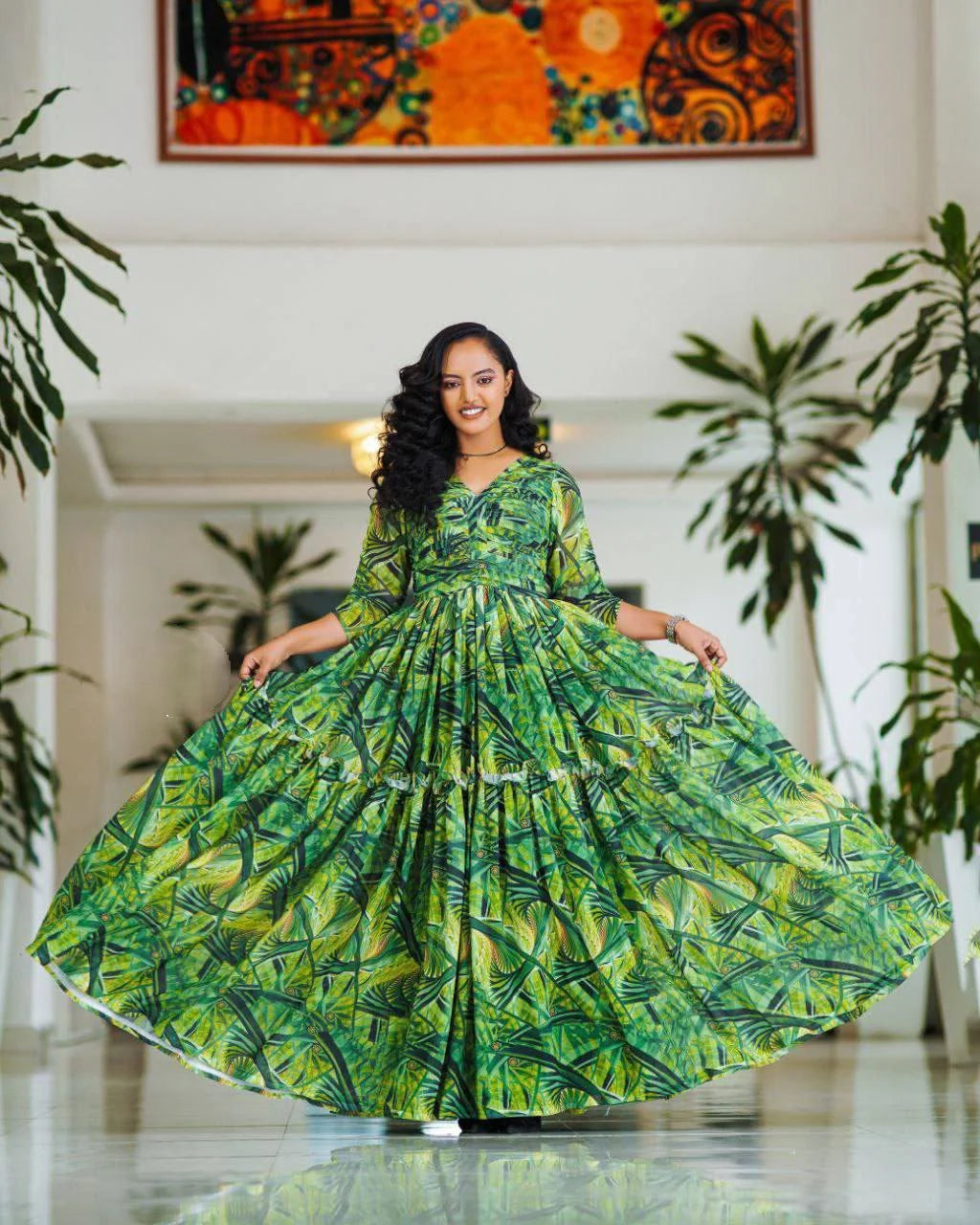 Green Floral Habesha Dress: Vibrant Habesha Chiffon Dress for Cultural Celebrations.