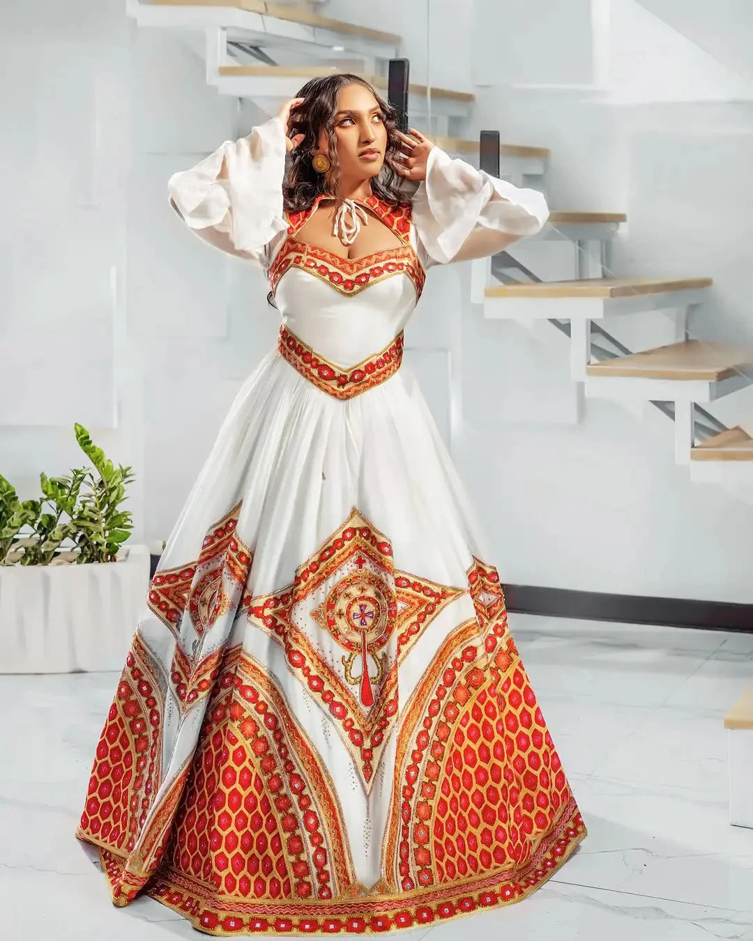 Elegant Red Traditional Habesha Attire Heart-Shaped Neck Corset Habesha Dress